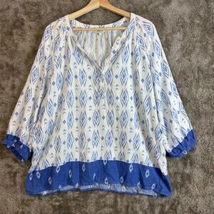 Marina Luna Blue White Ikat Linen Top Henley Blouse 1X XL Peasant Lagenlook